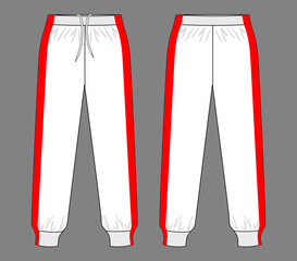 Two Tone White Tracksuit Pants With Red In Side Design Vector.Front And Back View.