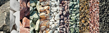 Drainage Systems From Small Pebbles. Garden Drainage For Plants And Trees. Collage Of Different Types Of Stones. Decorative Stones Of Different Colors And Sizes.