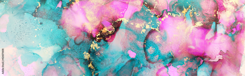 art photography of abstract fluid art painting with alcohol ink, blue, pink and gold colors - obrazy, fototapety, plakaty 