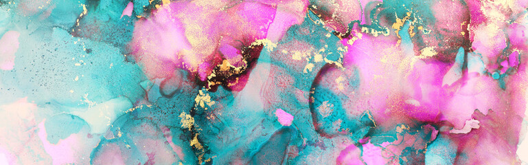 art photography of abstract fluid art painting with alcohol ink, blue, pink and gold colors