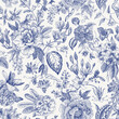 Bloom. Vintage floral seamless pattern. Spring flowers. Blue and white. Chinoiserie