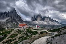 Cloudy Day On Locatelli Hut And Three Peaks In The Dolomites, Trentino-Alto Adige, Italy