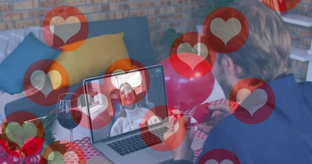 Poster - Heart icons floating over caucasian man showing a ring while having a video call on laptop