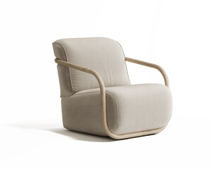 3d rendering of an isolated modern beige lounge armchair with wooden bracket	
