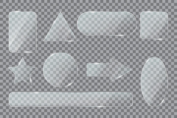 Glass shapes. Clean plastic star, arrow and ellipse, rectangle and triangle. Transparent acrylic or glass 3d realistic buttons vector set. Different textured symbols with glares and light
