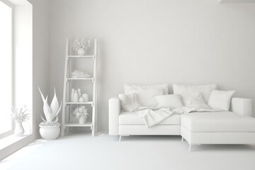 White minimalist living room with sofa. Scandinavian interior design. 3D illustration