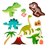 Fototapeta Dinusie - Cute dinosaurs. Cartoon dino, baby dragon in egg, prehistoric monster skeleton, palm tree and volcano. Funny jurassic animals vector characters for children book or party event decor
