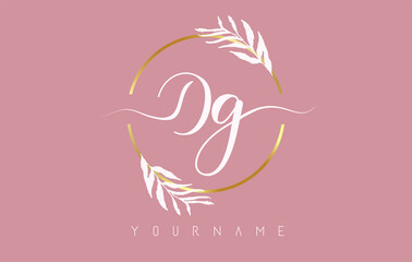 DG d g Letters logo design with golden circle and white leaves on branches around. Vector Illustration with D and G letters.