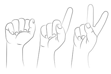 Hand gesture set. A clenched fist raised up, index finger up and two fingers raised. Vector illustration, isolated on white background. Drawing, sketch, outline