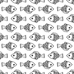 Wall Mural - Vector seamless pattern of cute doodle fish with rounded scale pattern black outline on white background for design template. simple children's drawing of a sea fish swimming in different horizontal d