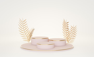 Podium with geometric shapes empty and gold color palm leaf in white composition for modern stage display and minimalist mockup ,abstract showcase background ,Concept 3d illustration or 3d render