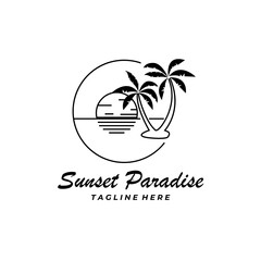 Poster - sunset paradise line art palm tree logo vector illustration design graphic