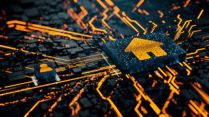 Internet Technology Concept with home symbol on a Microchip. Orange Neon Data flows between the CPU and the User across a Futuristic Motherboard. 3D render.