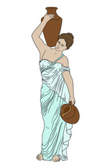 Wall Mural - A young slender ancient Greek woman stands and holds a clay jug on her shoulder.