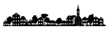 Small Town Silhouette Cutout Skyline With Chapel Houses Trees Black And White