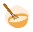 A bowl with white sauce, dough and whisk. Cooking recipe icon, mixing ingredients. Bakery design element. Simple hand-drawn illustration, isolated on white background.
