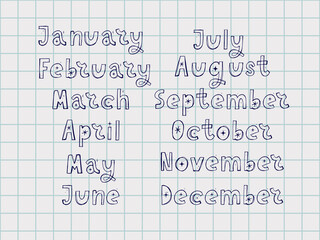 Poster - Handwritten names of months: December, January, February, March, April, May, June, July, August, September, October, November. Calligraphy words for calendars and organizers.