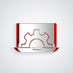 Paper cut Software, web development, programming concept icon isolated on grey background. Programming language and program code on screen laptop. Paper art style. Vector