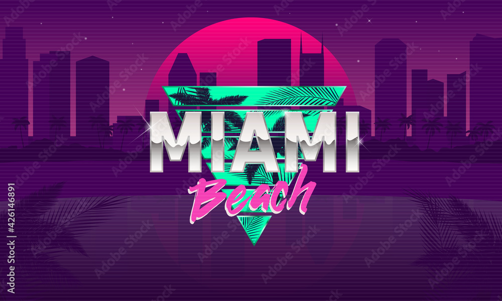 Miami Beach logo. Retro 80's background template. Retro sunset with cityscape and palm trees. 1980's trendy design. Template for banner, poster. Retrowave print for t-shirt, tee. Vector illustration - obrazy, fototapety, plakaty 