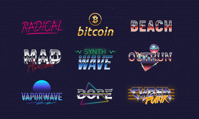 Wall Mural - vector retro neon logo set. synthwave, outrun, vaporwave, cyberpunk, bitcoin. 9 trendy logo template