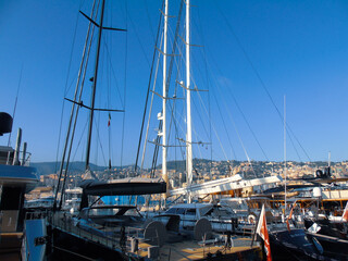 Genoa, Italy- April 01, 2021: Panoramic view of the waterfront and the old italian sea port in Genova by spring with blue sky and clear water.