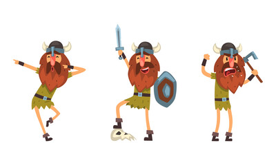 Sticker - Viking Character Set, Medieval Cartoon Character Fighting with Sword and Shield Vector Illustration