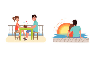 Sticker - Romantic Couples Travelling on Summer Vacation Set, Young Man and Woman Having Lunch in Seaside Resort and Sitting on Beach Enjoying Sunset Vector Illustration