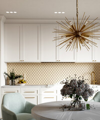Kitchen interior with hexagonal beige mosaic backsplash. 3d rendering.