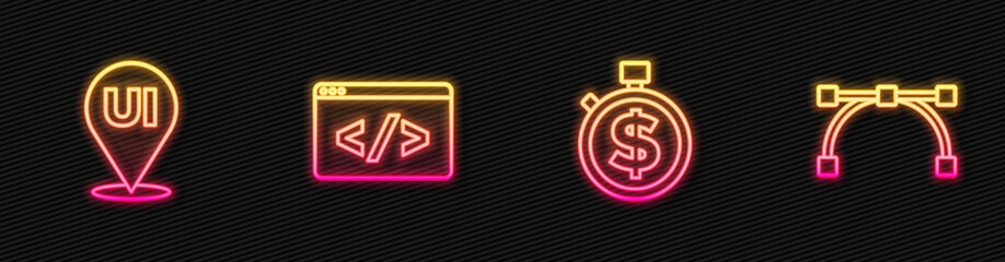 Set line Time is money, UI or UX design, Front end development and Bezier curve. Glowing neon icon. Vector