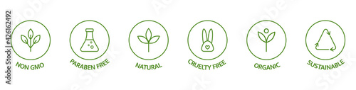 Fototapete Natural cosmetic icons. Beauty badges. Cruelty free, vegan, bio, paraben free, labels. Skincare logo. GMO free emblems. Organic cosmetic line art stickers. Healthy food. Vector illustration