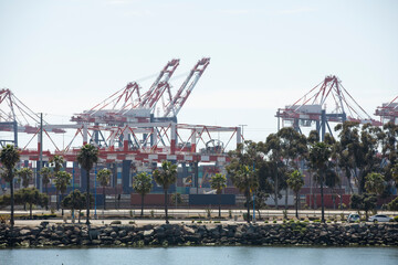 Cargo cranes offload cargo ships at a port.