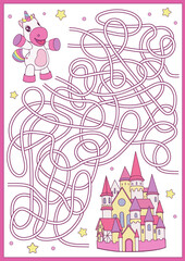 Wall Mural - Kids maze game with cute cartoon unicorn and castle. Worksheet, activity page for children. Educational riddle. Vector illustration.