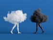 3d render. Couple of abstract white and black clouds with mannequin legs. Social role play. Partners interaction. Minimal surreal clip art isolated on blue background