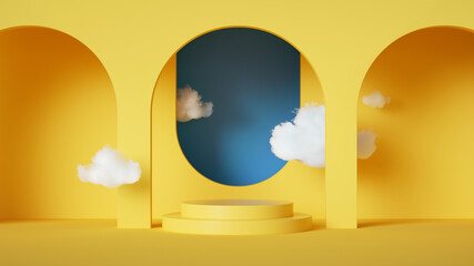 Wall Mural - 3d render, abstract yellow background with blue sky inside the window. White clouds fly inside the room. Simple showcase scene for product presentation