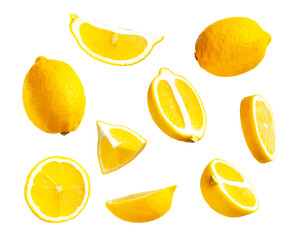 Wall Mural - Collection of lemons isolated on white background. Juicy ripe lemon whole and sliced. Citrus, vitamin C, fruit, concept