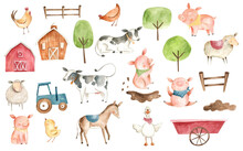 Watercolor Animals Farm Illustration Pig Cow Chicken Duck Donkey 