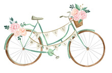 Watercolor Vintage Bicycle  Just Married  Wedding Boho Floral Illustration