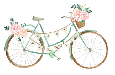 Watercolor vintage bicycle  just married  wedding boho floral illustration