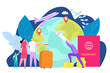 International emigration concept, vector illustration. People character immigration to foreign country, global travel with passport document.