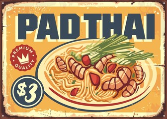 Pad Thai retro restaurant menu sign board with delicious noodle meal. Asian cuisine retro poster design. Vector food illustration.