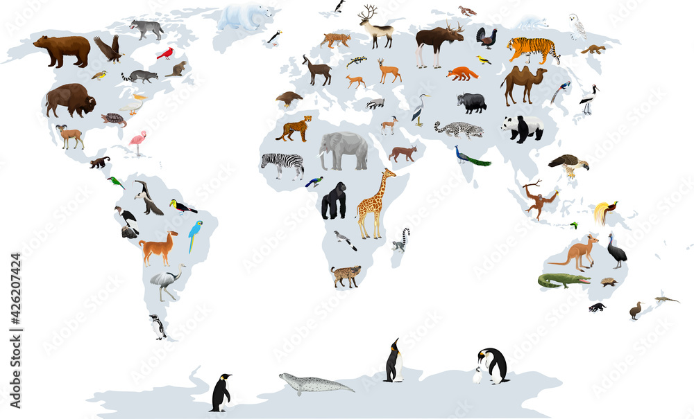 Vector map of the world with animals. Europe, Asia, South America, North America, Australia, Africa. - obrazy, fototapety, plakaty 