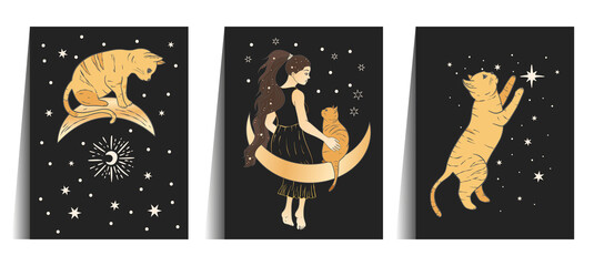 Wall Mural - Celestial woman and cat sacred astrology boho esoteric art. Moon and star golden magic girl black card set.