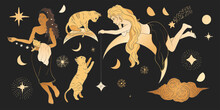 Celestial Woman And Cat Sacred Astrology Feminine Boho Esoteric Golden And Black Black Art. Moon And Star Magic Golden Vector.