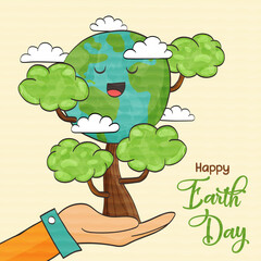 Sticker - Happy Earth Day green planet tree cartoon card