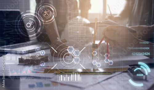 Obraz Dibond Architecture engineering civil project modern smart technology close up compass building blocks planning blueprint design construction work in office futuristic graphic icon concept digital background