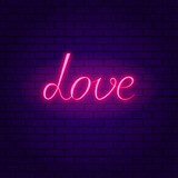 Fototapeta Młodzieżowe - Love. Glowing pink neon incription on dark brick wall background.