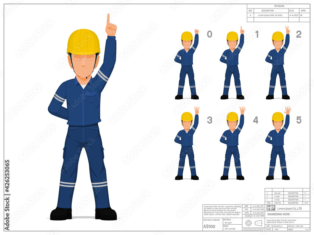 Set of industrial worker raise hand 0-5 on white background - obrazy, fototapety, plakaty 