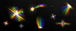 Rainbow crystal light, prism flare reflection, lens refraction, falling star, glass, jewelry or gem stone glare, optical physics effect isolated on black background, Realistic 3d vector icons set