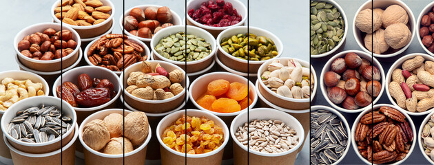 Wall Mural - Collage of different types of nuts in ecofriendly cups high in vegan protein, vitamins and antioxidants for immune system boosting.