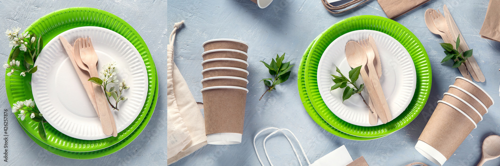 Collage of natural eco-friendly utensils on grey background. - obrazy, fototapety, plakaty 